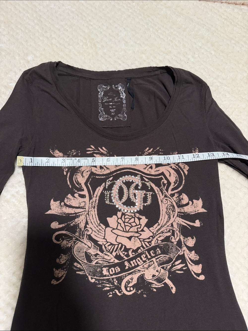 Vintage Guess Jeans Y2K Rhinestone Logo Brown Long Sleeve Top Graphic Tee XS - Picture 7 of 9